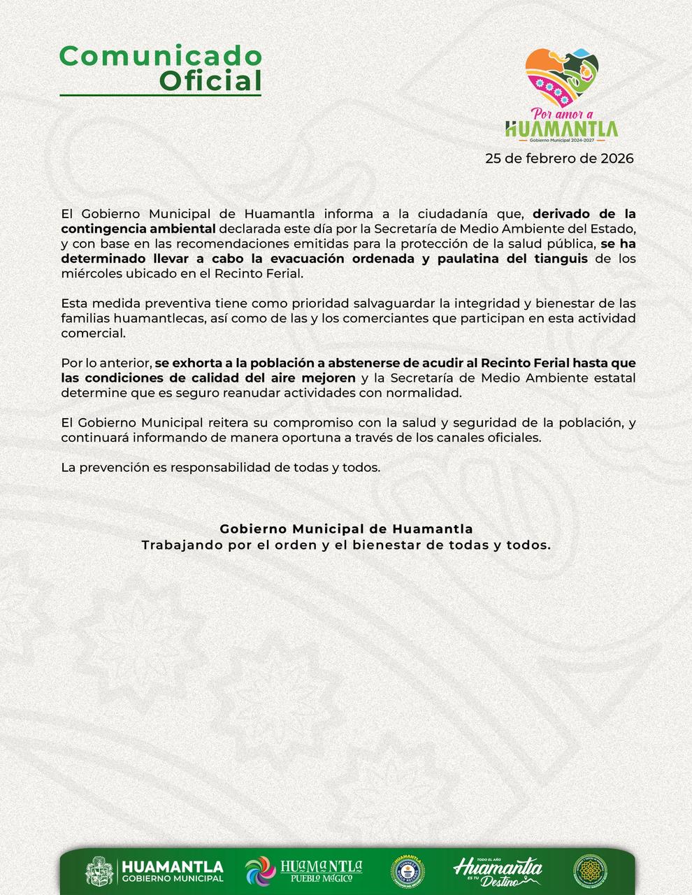 Por contingencia ambiental, gobierno de Huamantla determina evacuación ordenada y paulatina de tianguis de los miércoles